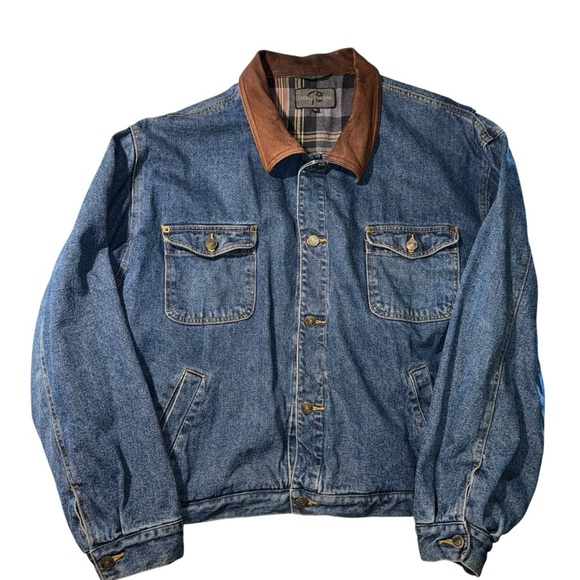 Geoffrey Beene Men’s Leather Collar Denim Jacket Size XL - Picture 2 of 9